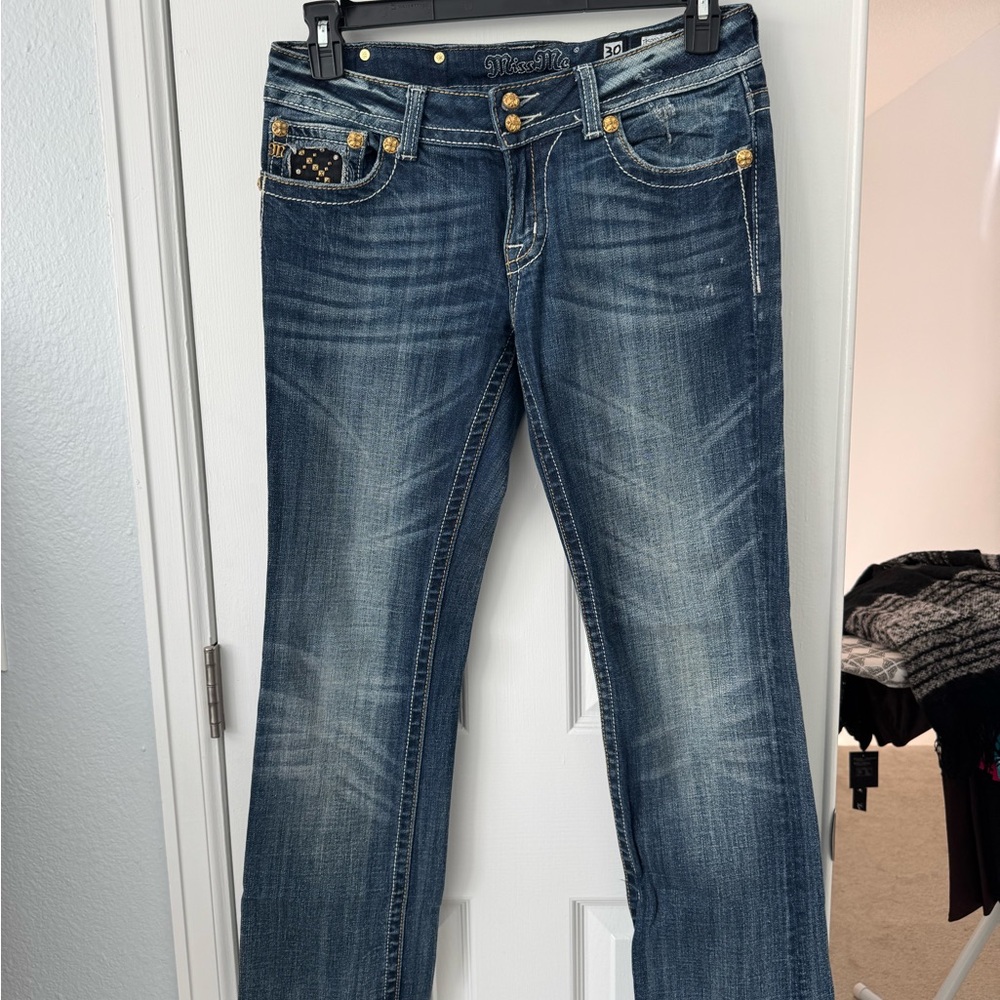 Miss Me Dark Blue Boot Cut Jeans with Gold Accents